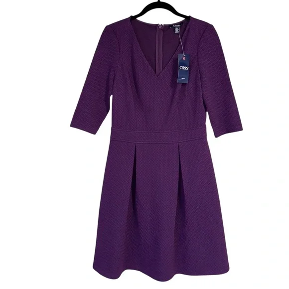 Chaps Women’s Purple Fit & Flare Textured 3/4 Sleeve V-Neck Party Dress Sz 6 NWT - Picture 2 of 11